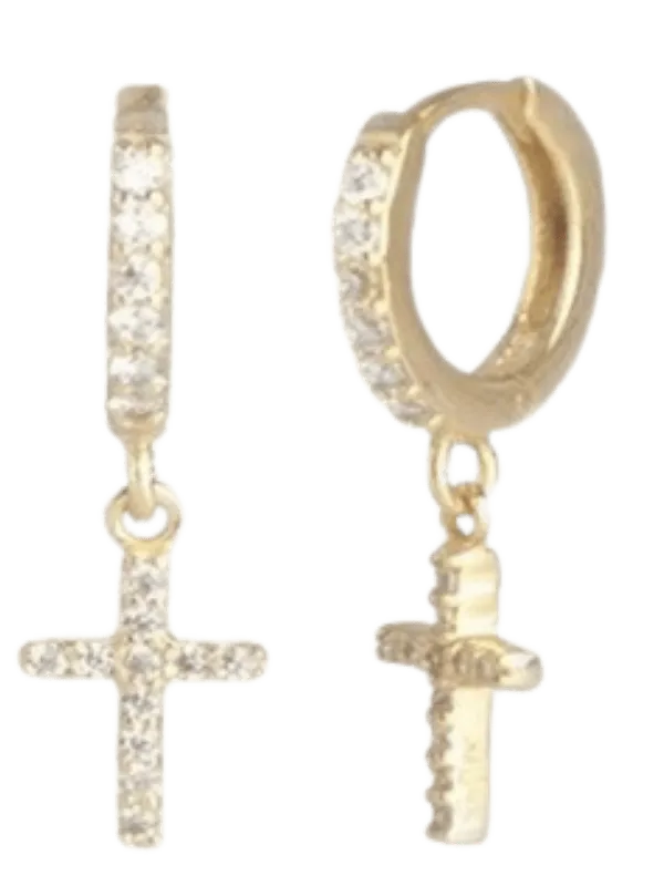 Taşlı Haç Sallantılı Altın Halka Küpe