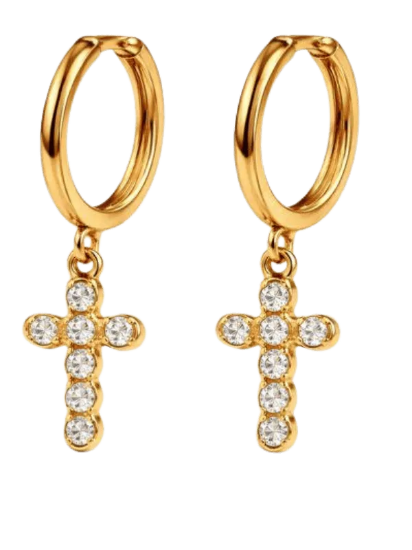 Altın Kaplama Zirkon Taşlı Haç Küpe